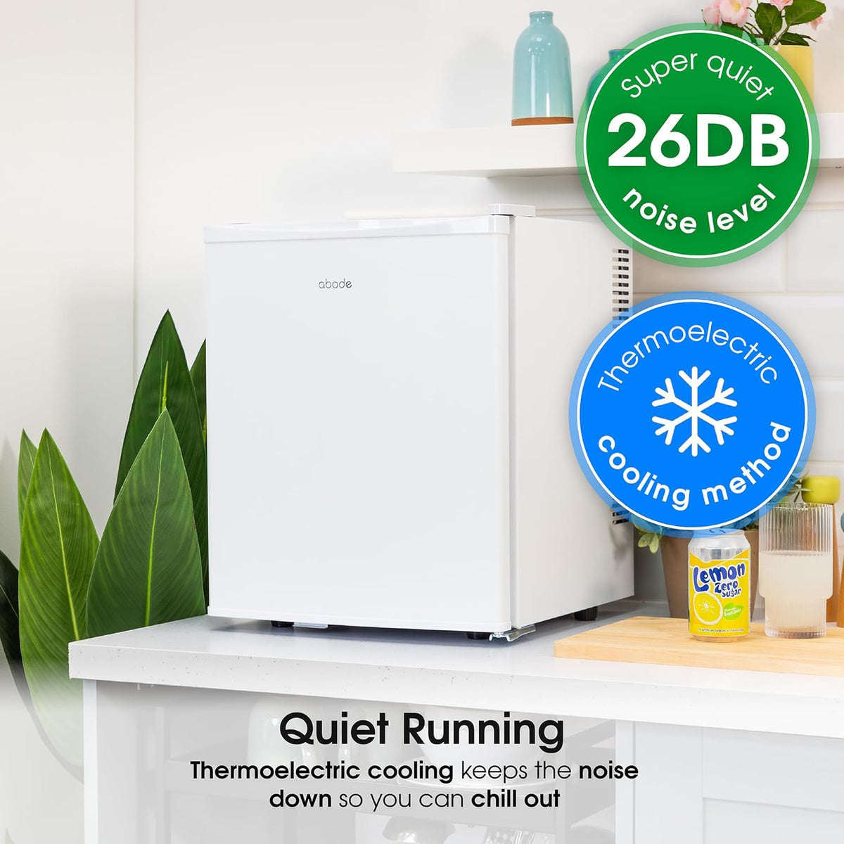 Abode Quiet Mini Cooler 25L Thermoelectric for Drinks with Adjustable Thermostat, Portable in White, Compact For Bedroom, Home, Caravan with Reversible Door A25THBC102W