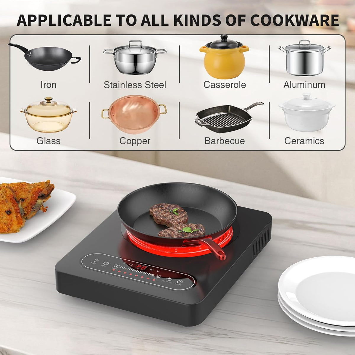 VBGK Portable Ceramic Hob, 2000W Portable Electric Hob, Electric Ceramic Hob, Single Cooking Zone with LED Display, 4-Hours Timer, Safety Lock, Residual Heat Indicator