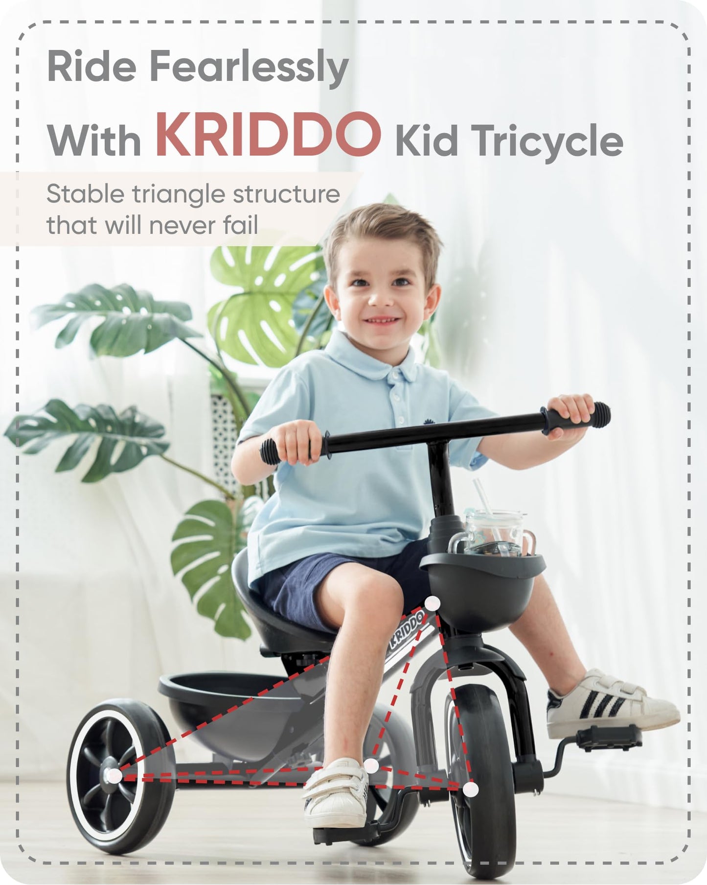 KRIDDO Toddler Tricycle — Anti-Tip Design, BPA-Free | Ages 18 Months to 4 Years | Pink