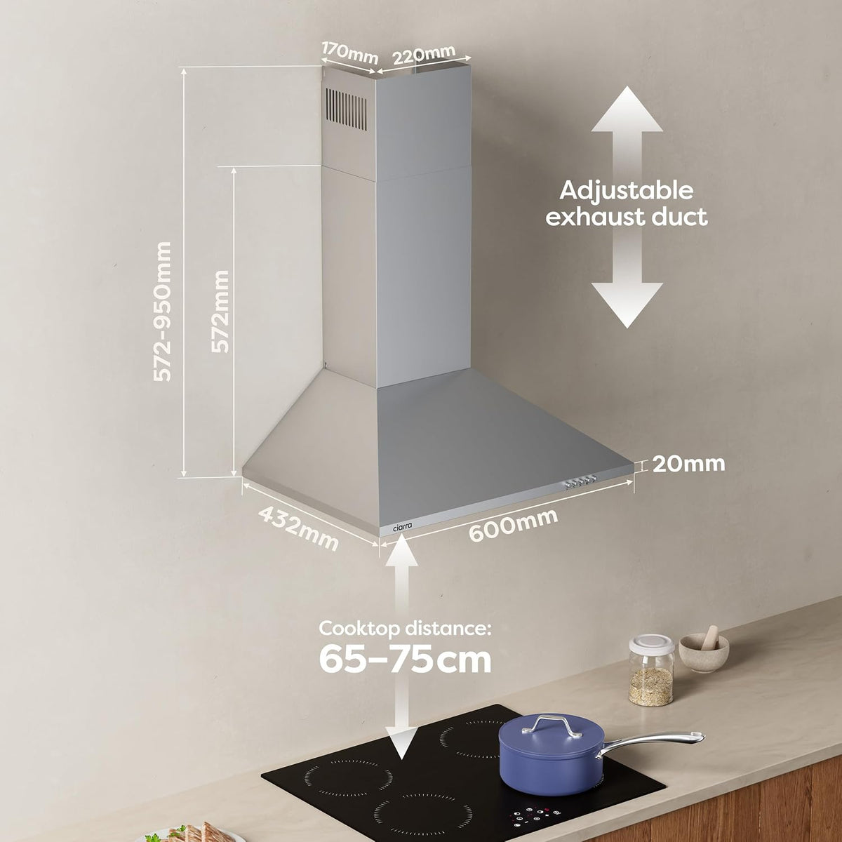 CIARRA 60cm Chimney Cooker Hood, 370m³/h,Ducting & Recirculation,CAS6201A