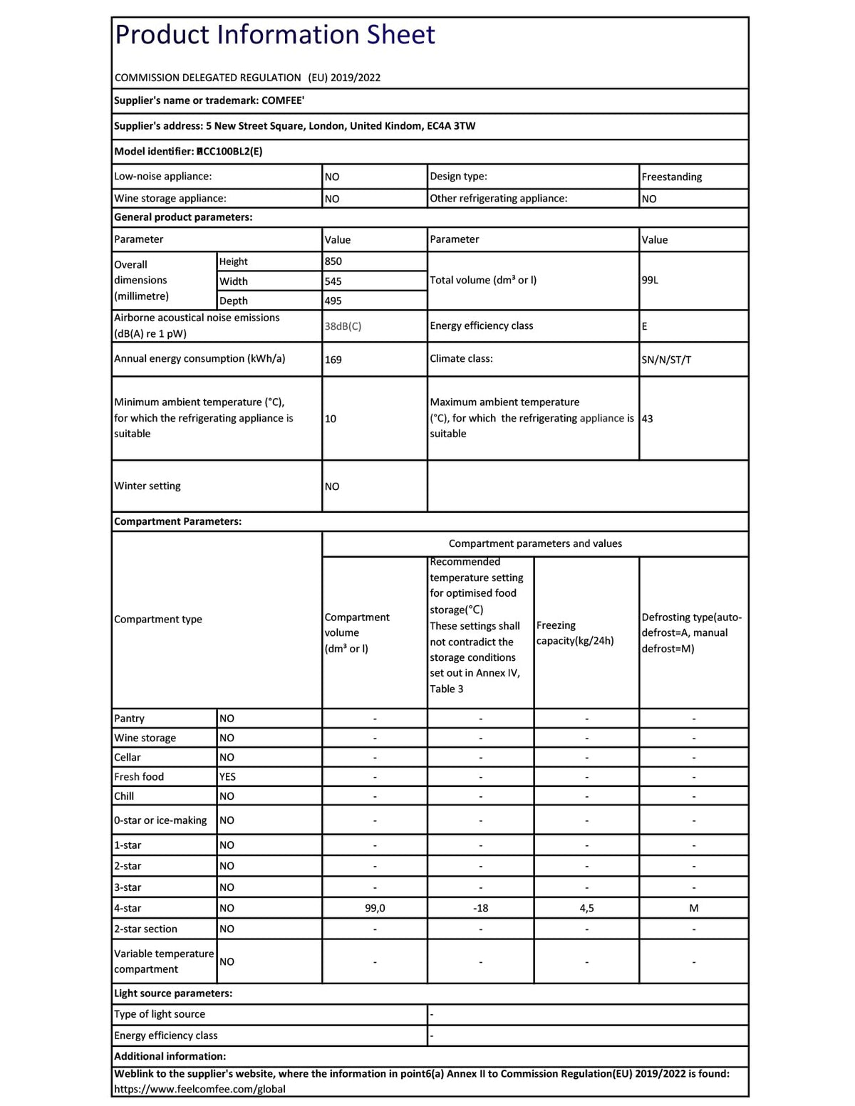 COMFEE' 99L Chest Freezer, Convertible Refrigeration Mode, RCC102BL2UK(E)