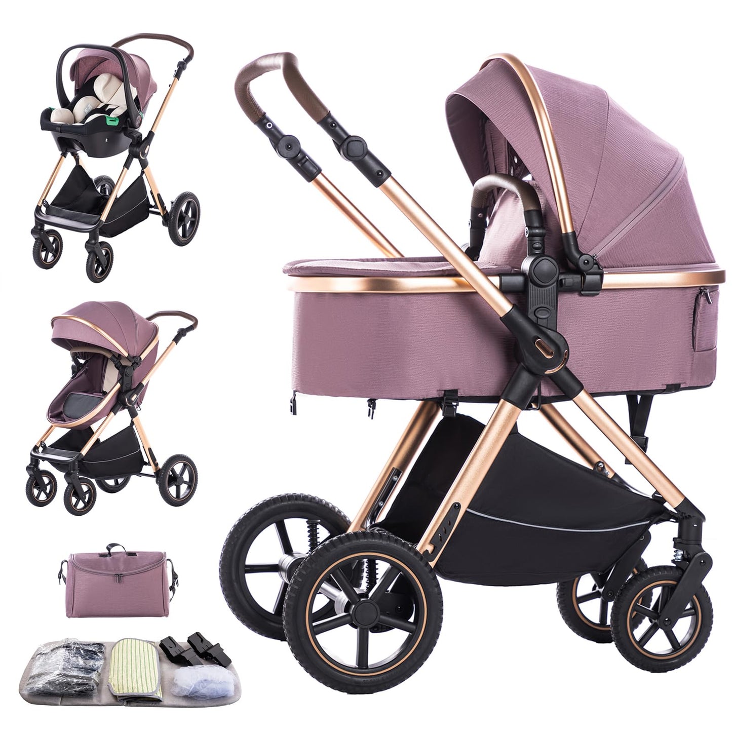 3 in 1 Baby Stroller with Height Adjustable Handle,3 in 1 Prams Travel System, Lightweight Foldable Pushchair, Prams with Aluminum Frame for Portable Baby Carriage (D2 Pink, H2-D)