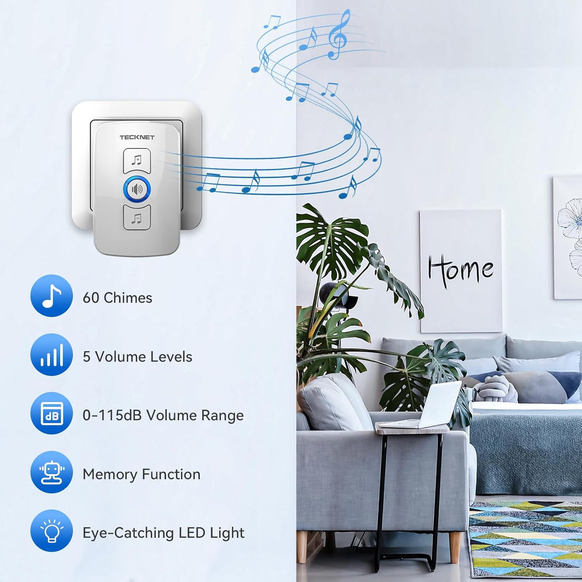 TECKNET Wireless Doorbell, Wall Plug-in Door Bells Wireless Cordless