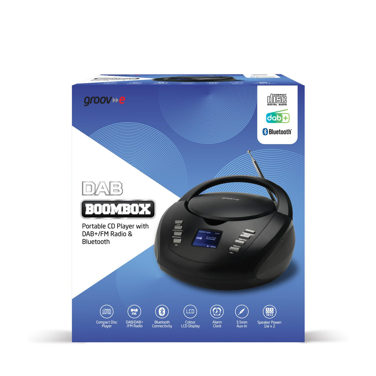 Groov-e Original Boombox - Portable CD Player with Bluetooth, Radio, 3.5mm Aux Port, & Headphone Socket - LED Display, 2 x 1.2W Speakers - Battery or Mains Powered - Black