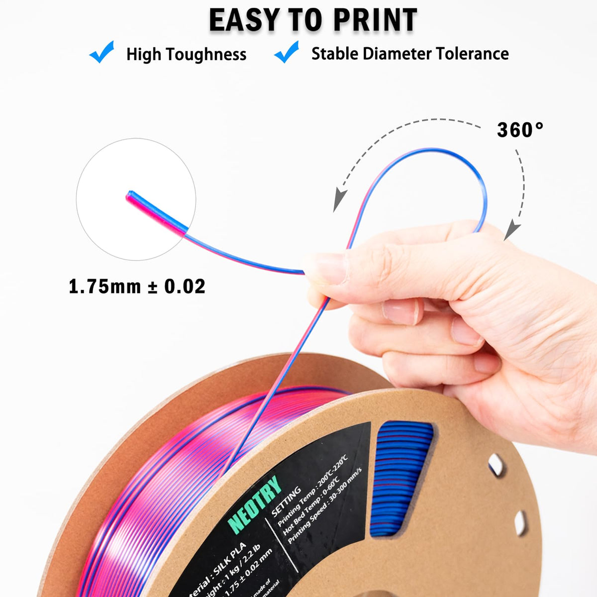 Silk Tri Colour PLA Filament 1.75mm 1kg, Multicolor 3D Printer Filament, Filament 3D Printing Materials for Most FDM 3D Printer, Silk PLA Red Yellow Blue, Rainbow PLA Filament 1.75mm ± 0.02