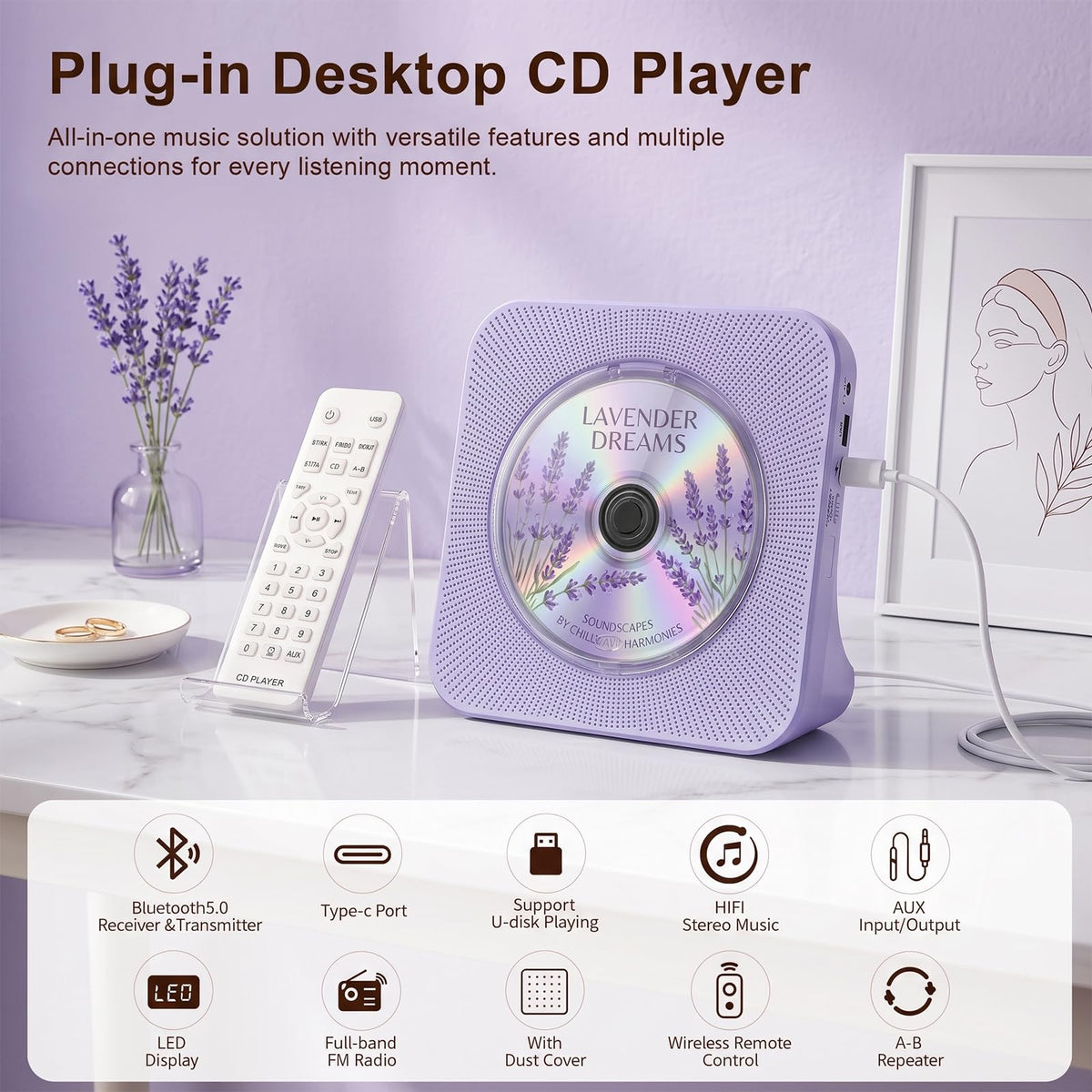 Portable CD Player with Bluetooth, Gueray Desktop CD Players for Home, Bulit-in Double HiFi Speakers, AUX&Headphone Jack, FM Radio Boombox with Remote Control, USB Port,LCD Display (Blue)