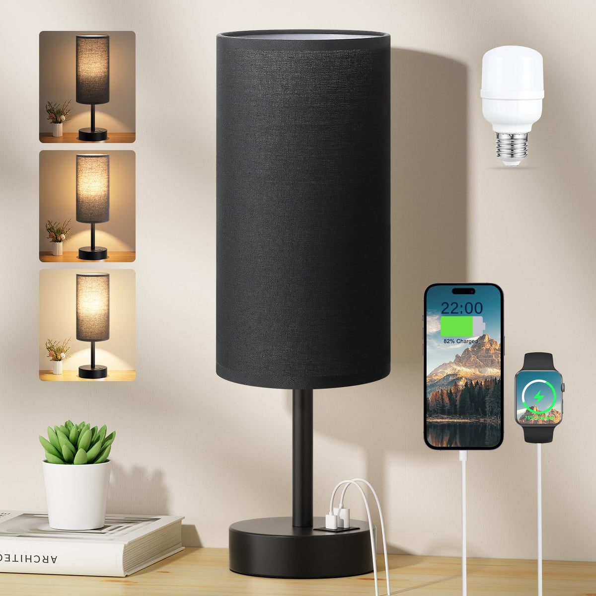 Aooshine Grey Table Lamp, 3-Way Dimmable, USB A + C Charging