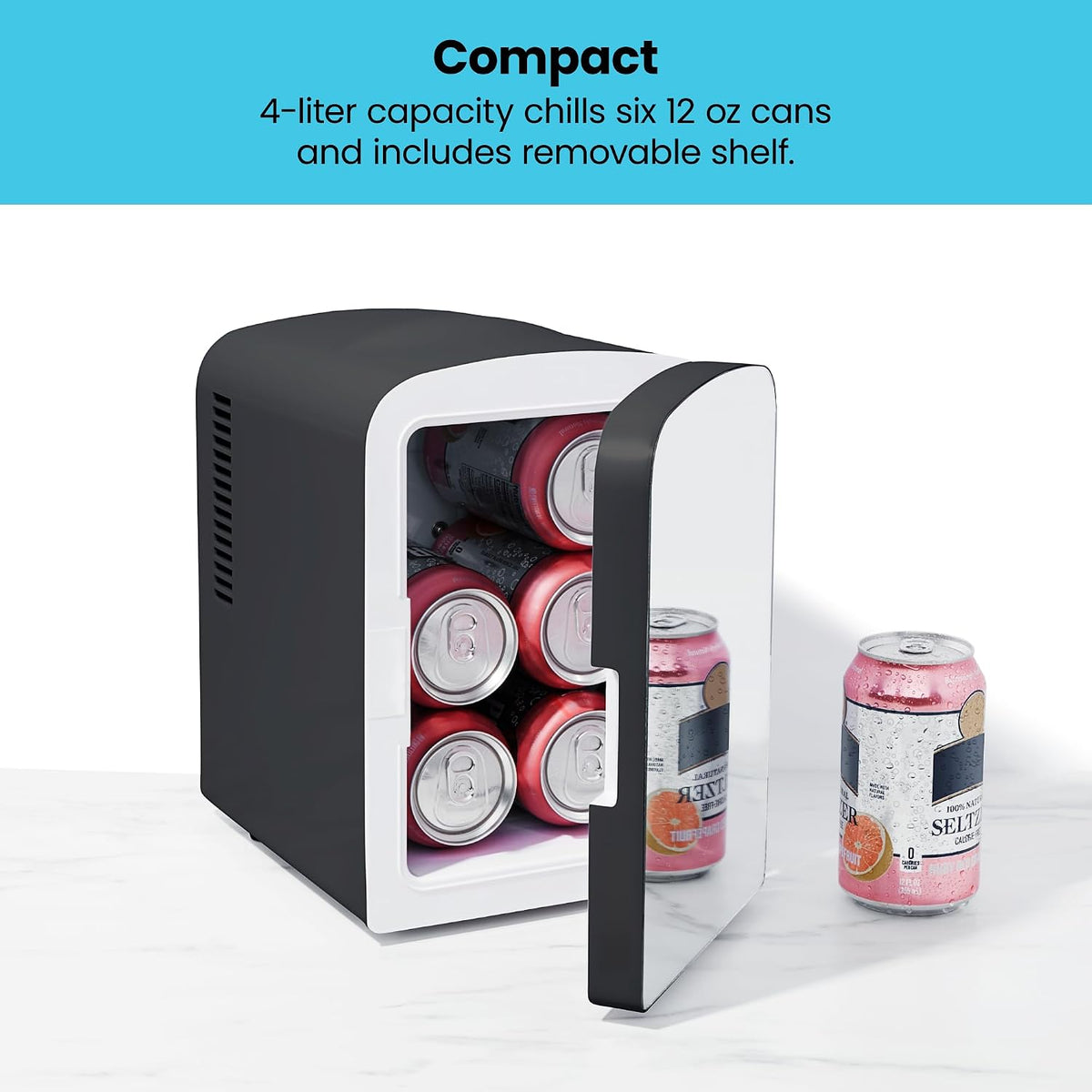 Iceman Mini Portable Eraser Personal Fridge, Cools & Heats, 4 Litre Capacity, Chills 6 12oz cans, 100% Freon-Free & Eco Friendly, Includes Plugs for Home Outlet & 12V Car Charger, Black