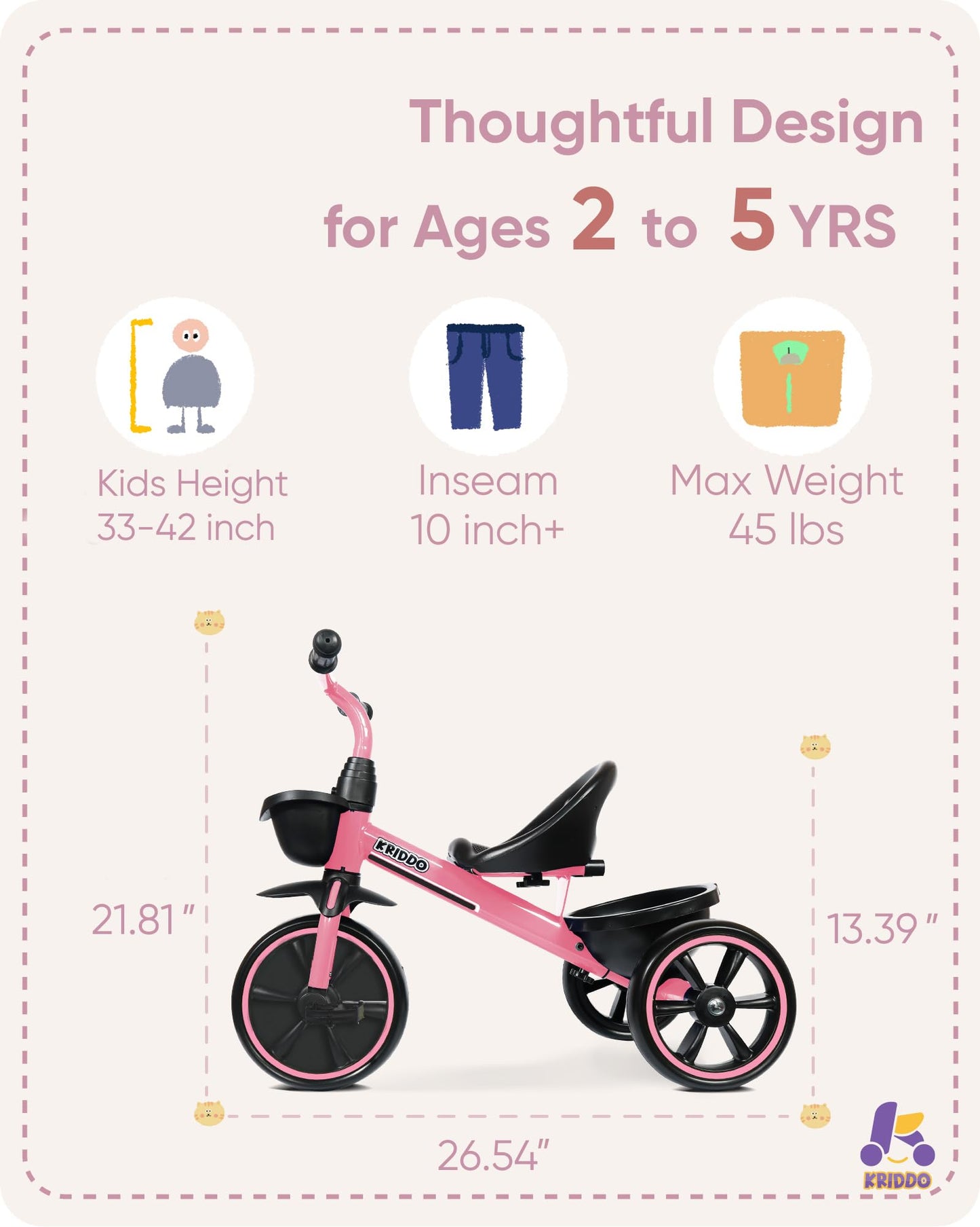 KRIDDO Toddler Tricycle — Anti-Tip Design, BPA-Free | Ages 18 Months to 4 Years | Pink