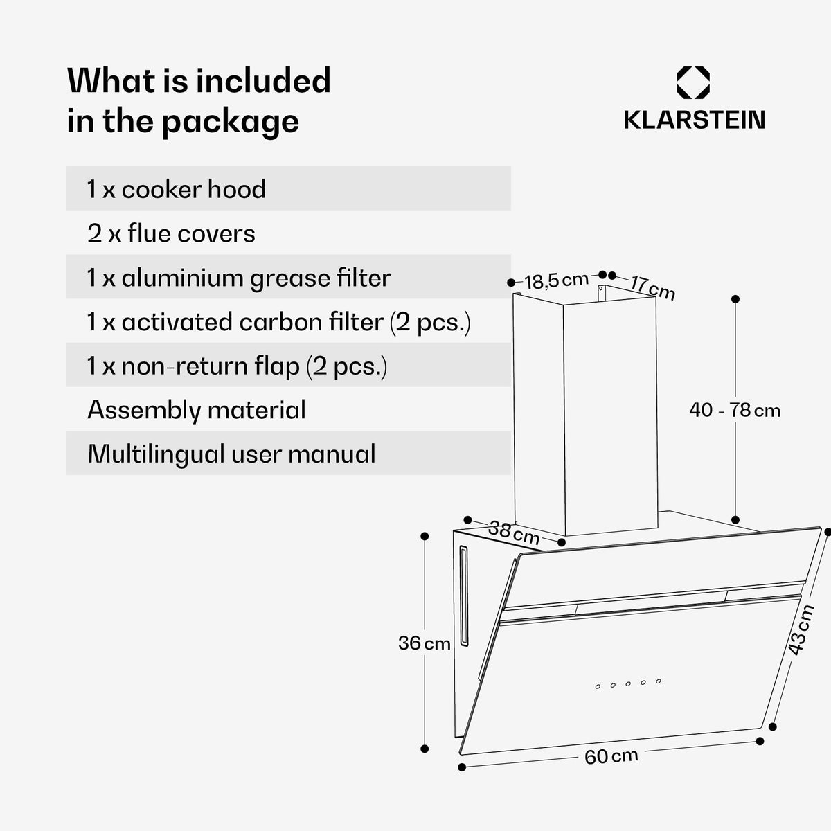 Klarstein Alina 90 Angled Cooker Hood - 615m³/h Air Flow, Touch Panel, LED Backlighting, Quiet 63dB, Energy Class A, 90cm Extractor Hood, Black