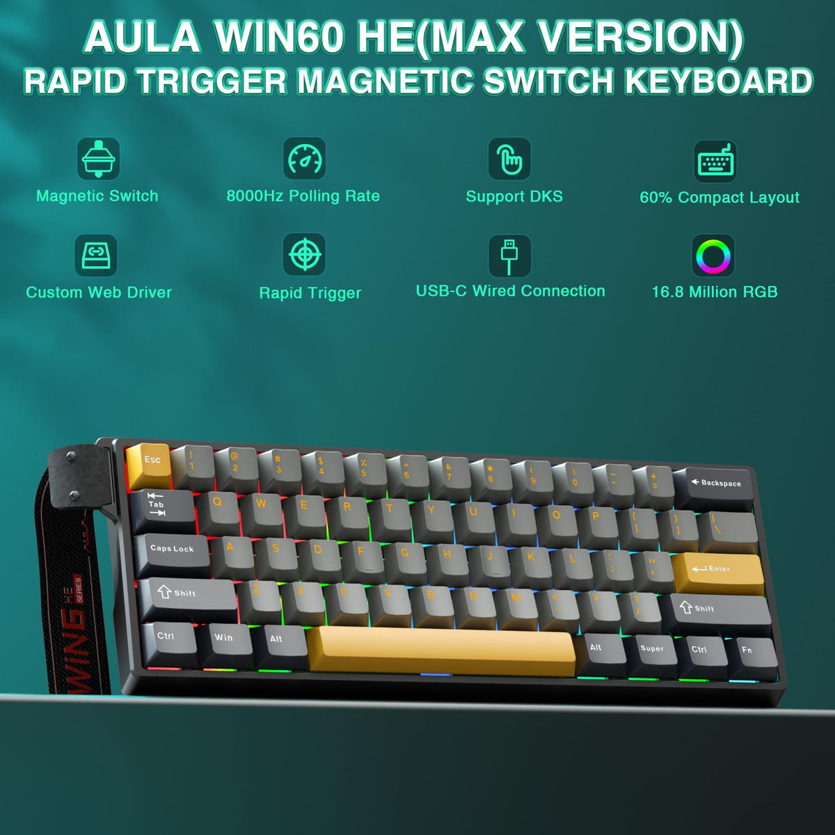 AULA WIN60 HE Mechanical Gaming Keyboard Wired,Hall Effect Magnetic Switches,Adjustable Actuation Rapid Trigger,8K Polling Rate,RGB Backlight,60% Percent Keyboard for Mac/Win (BLACK) (Pack of 2)