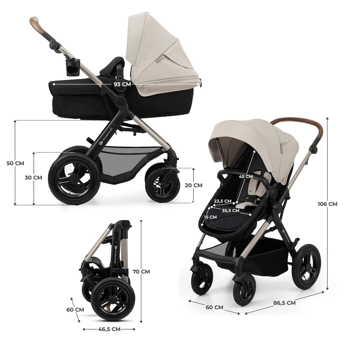 Kinderkraft MOOV 2 AIR 4 in 1 Set, Pram with Infant Car Seat with Isofix Base Mink PRO I-Size, Travel System, Baby Pushchair, Buggy, Foldable, from Birth to 22 kg, Inflatable Wheels, Gray