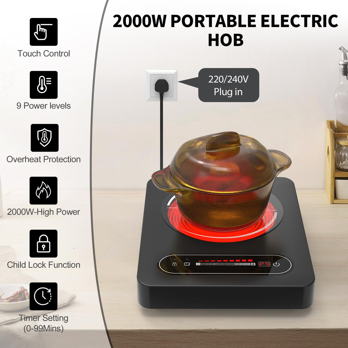 VBGK 2 Ring Electric Hob with Knob, 220V 3000W Double Ceramic Hob, 9 Power Levels, Kids Lock & Timer, Hot Surface Indicator, Overheat Protection, Knob and Touch Control Double Electric Hob