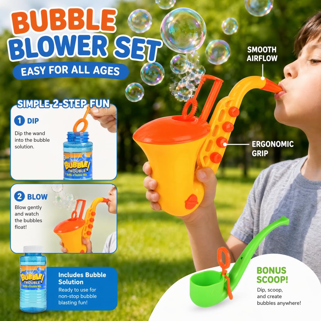 2Pcs Bubble Machine Toys Set, Saxophone Bubble Gun & Pipe Shaped Bubble Blower with Bubble Solution, Kids Outdoor Bubble Toys for Summer Party, Backyard Fun, Birthday Gifts, Reusable Bubble Makers