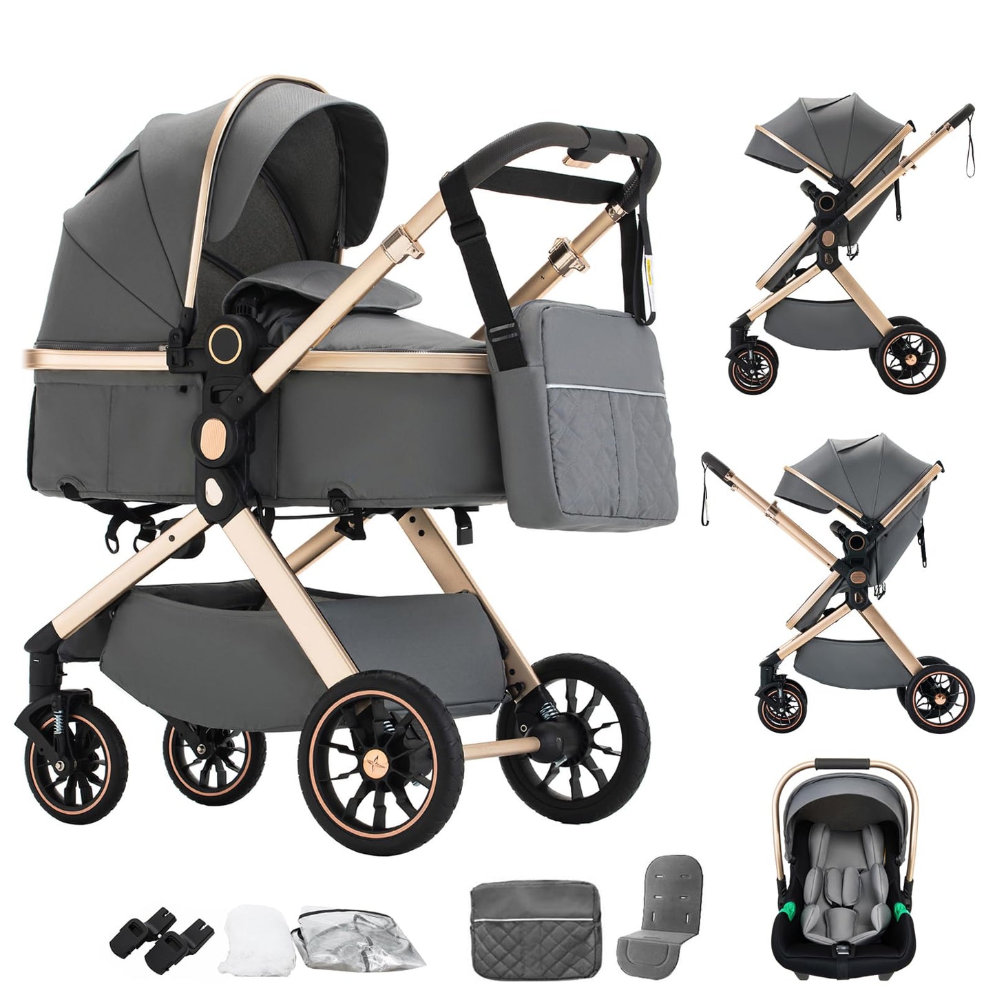 3 in 1 Baby Stroller with Height Adjustable Handle,3 in 1 Prams Travel System, Lightweight Foldable Pushchair, Prams with Aluminum Frame for Portable Baby Carriage (D2 Pink, H2-D)