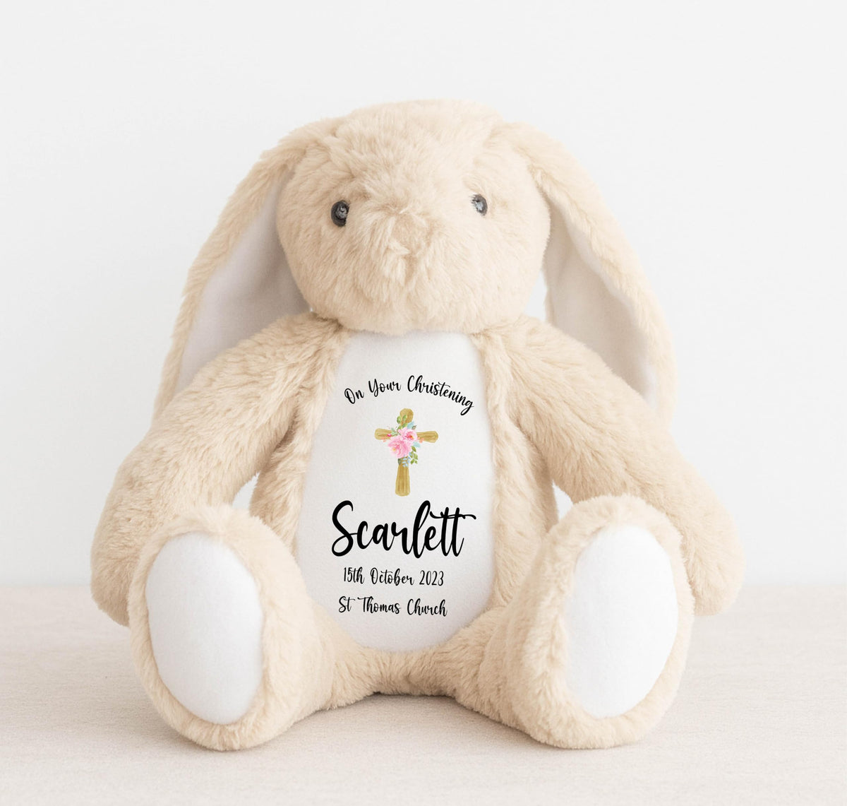 Crafted Memories - Personalised Bunny Rabbit | Custom Name & Date | Christening & Baptism Keepsake | Baby Girl & Boy | Soft Grey, White | Ideal 1st Birthday Present