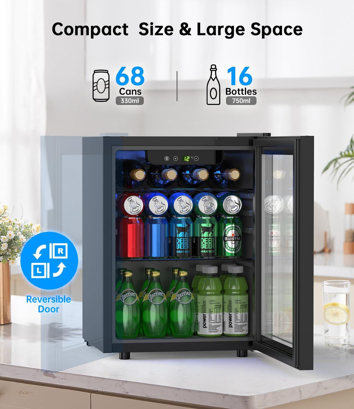 WIE 48L Drinks Fridge with Glass Door, Beer Fridge for 68 Cans or 12 Wine Bottles, Mini Fridge 4-16°C Touch Control, Quiet Beverage Refrigerators with LED Light, Reversible Door for Home, Bar, Office