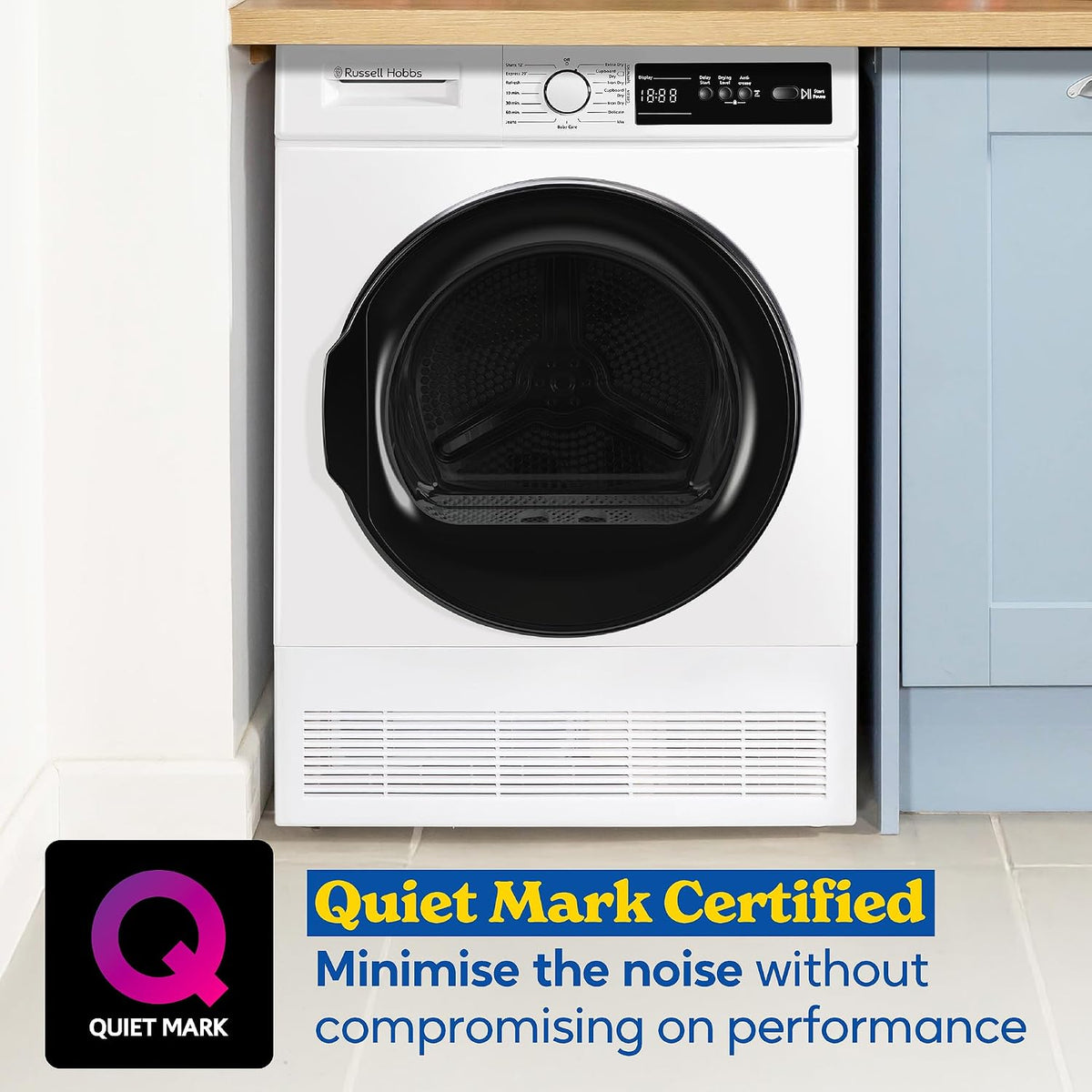 Russell Hobbs Freestanding Condenser Dryer Electric Tumble Dryer 15 Programmes 8kg Capacity 3 Heat Settings LED Display DelayStart Anti-Crease Child Lock Black Clothes Dryer RH8CTD111B