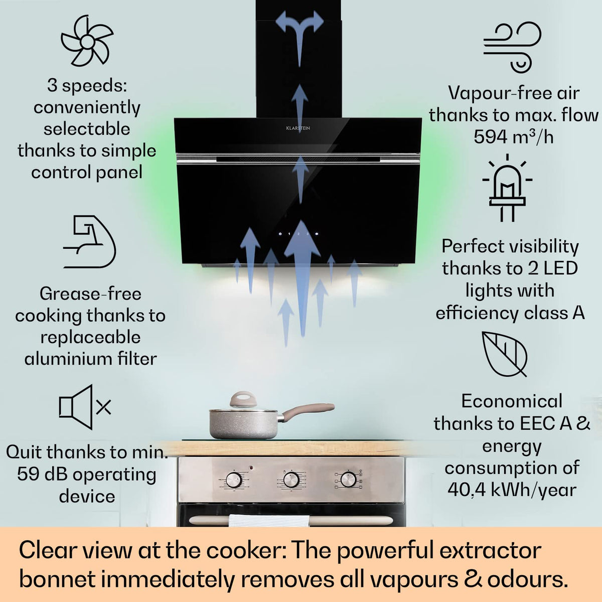 Klarstein Alina 90 Angled Cooker Hood - 615m³/h Air Flow, Touch Panel, LED Backlighting, Quiet 63dB, Energy Class A, 90cm Extractor Hood, Black
