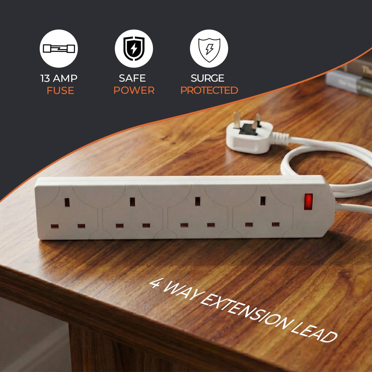 Wolf Power 4 Way Extension Lead, 2 Metre Extension Cable with UK 3 Pin Plug, Multi Socket Power Strip, Wall Mountable, Suitable for Home, Office & Appliances (Black, 1 Pack)