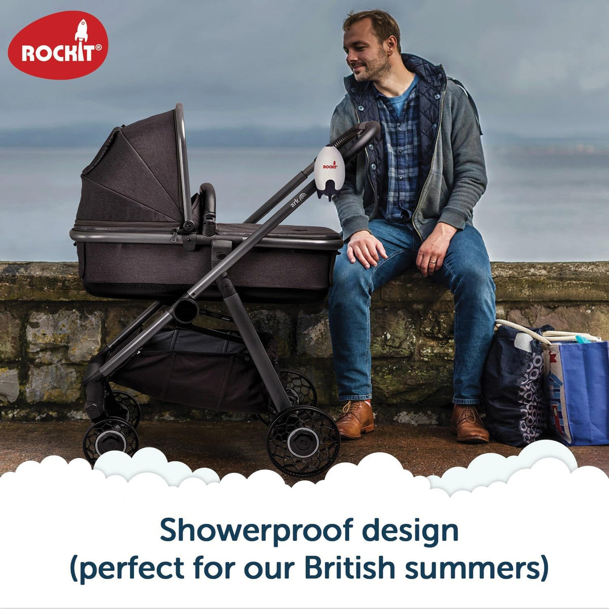 Rockit Rocker Rechargeable Pram Rocker - Baby Pushchair Rocking Device, Soothing Motion for Stroller or Buggy, Adjustable Speed, 60 Minute Timer, Universal Fit