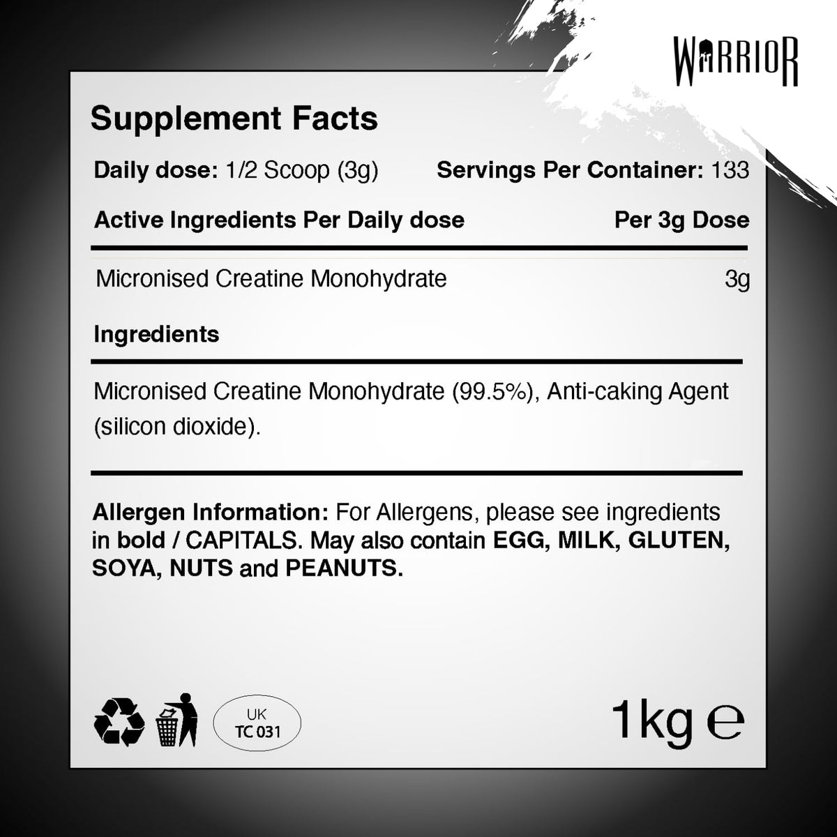 Warrior Creatine Monohydrate Powder 500g Pure Micronised (166 Servings)