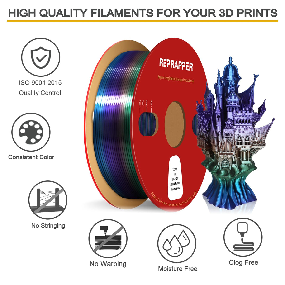 Reprapper 4X 250g Color Pack – Dual Color PLA Filament 1.75mm for 3D Printer & 3D Pen, Multicolour Filament, 4 x 250g Matte Red/Blue, Matte Purple/Green, Silk Red/Blue, and Silk Purple/Green