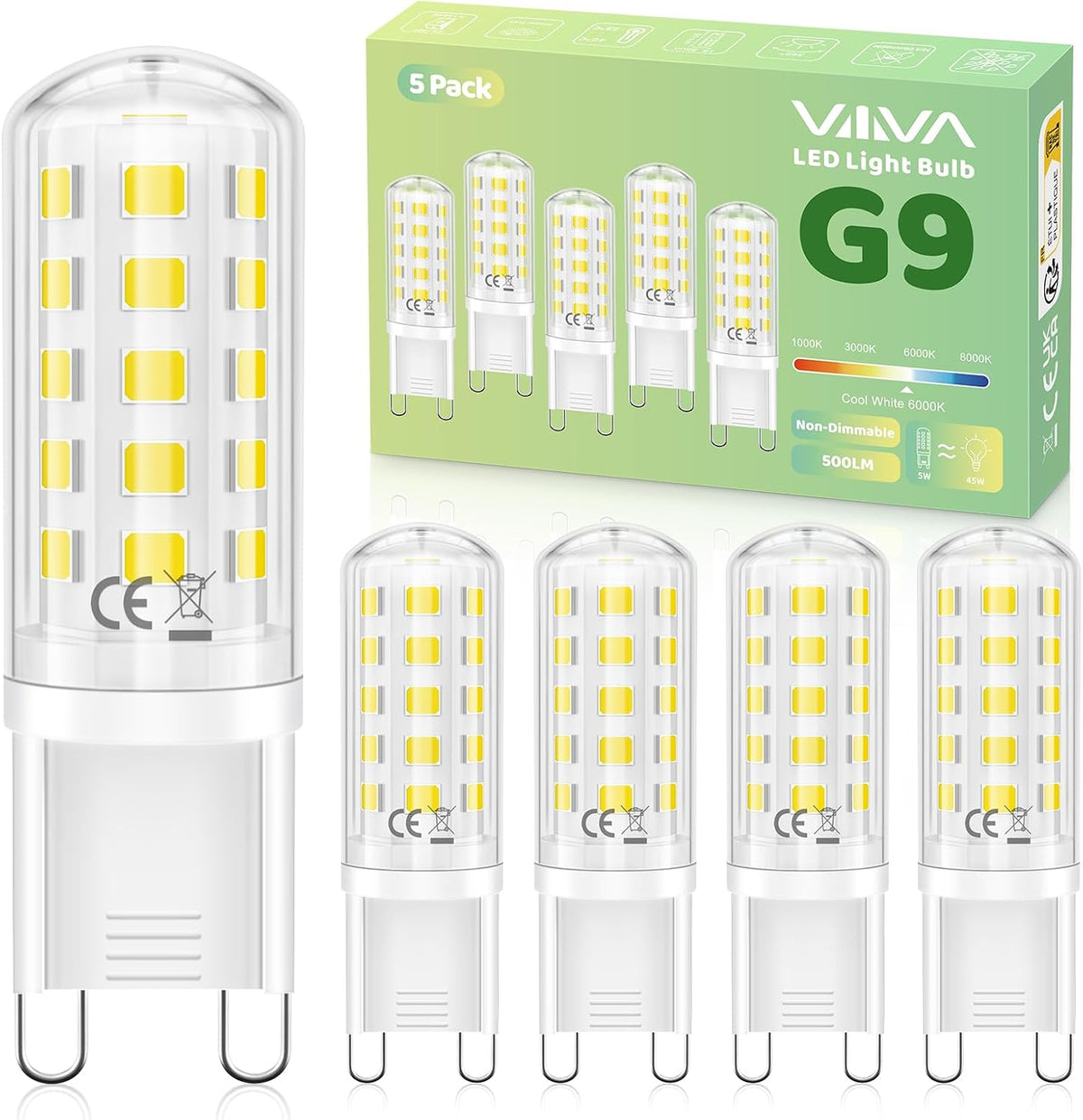 G9 LED Bulbs Cool White, 5W(45W Equivalent) 6000K, 500LM, Pack of 5