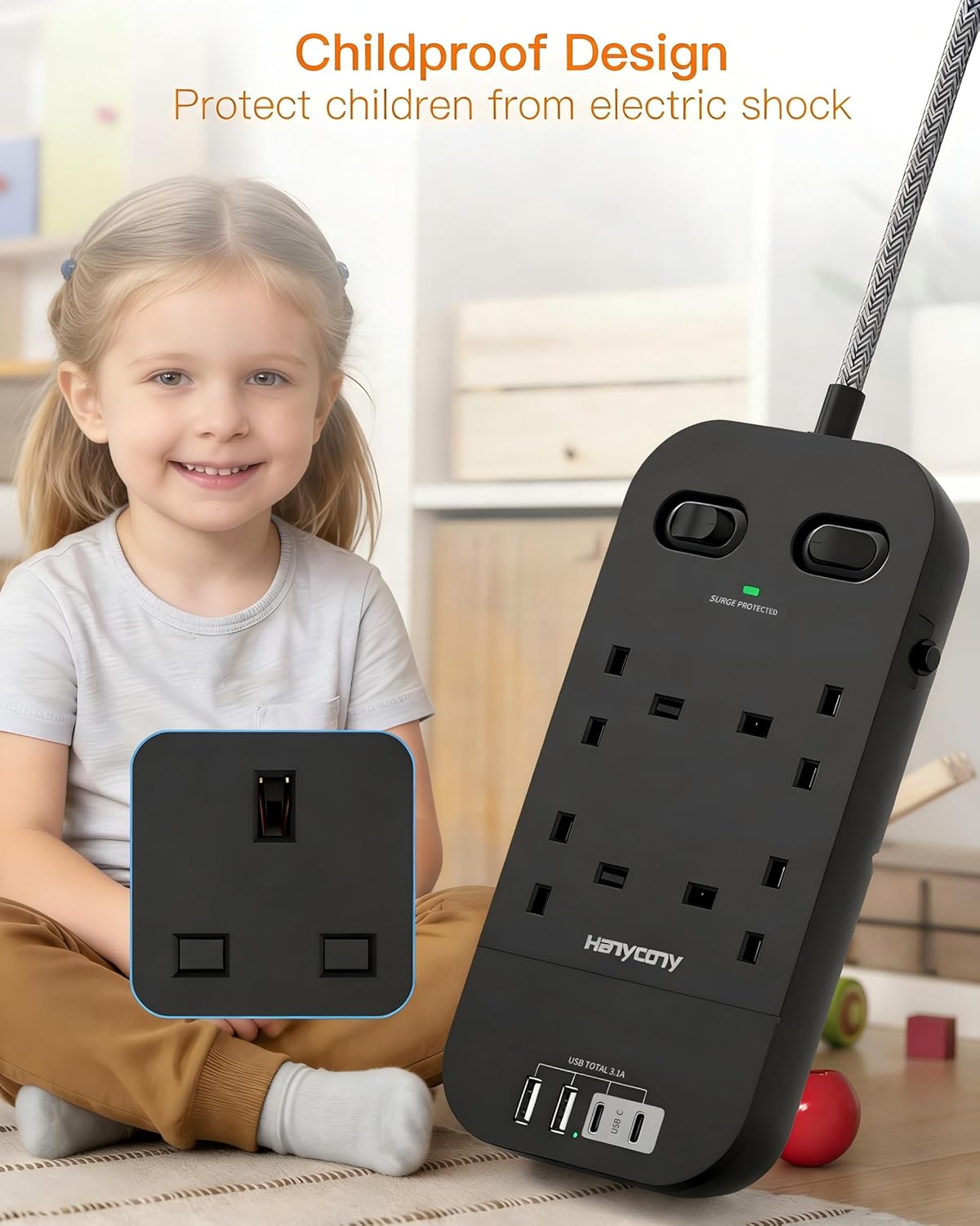 5M Extension Lead Surge Protected, 4 Way Outlets with 2 USB C & 2 USB A