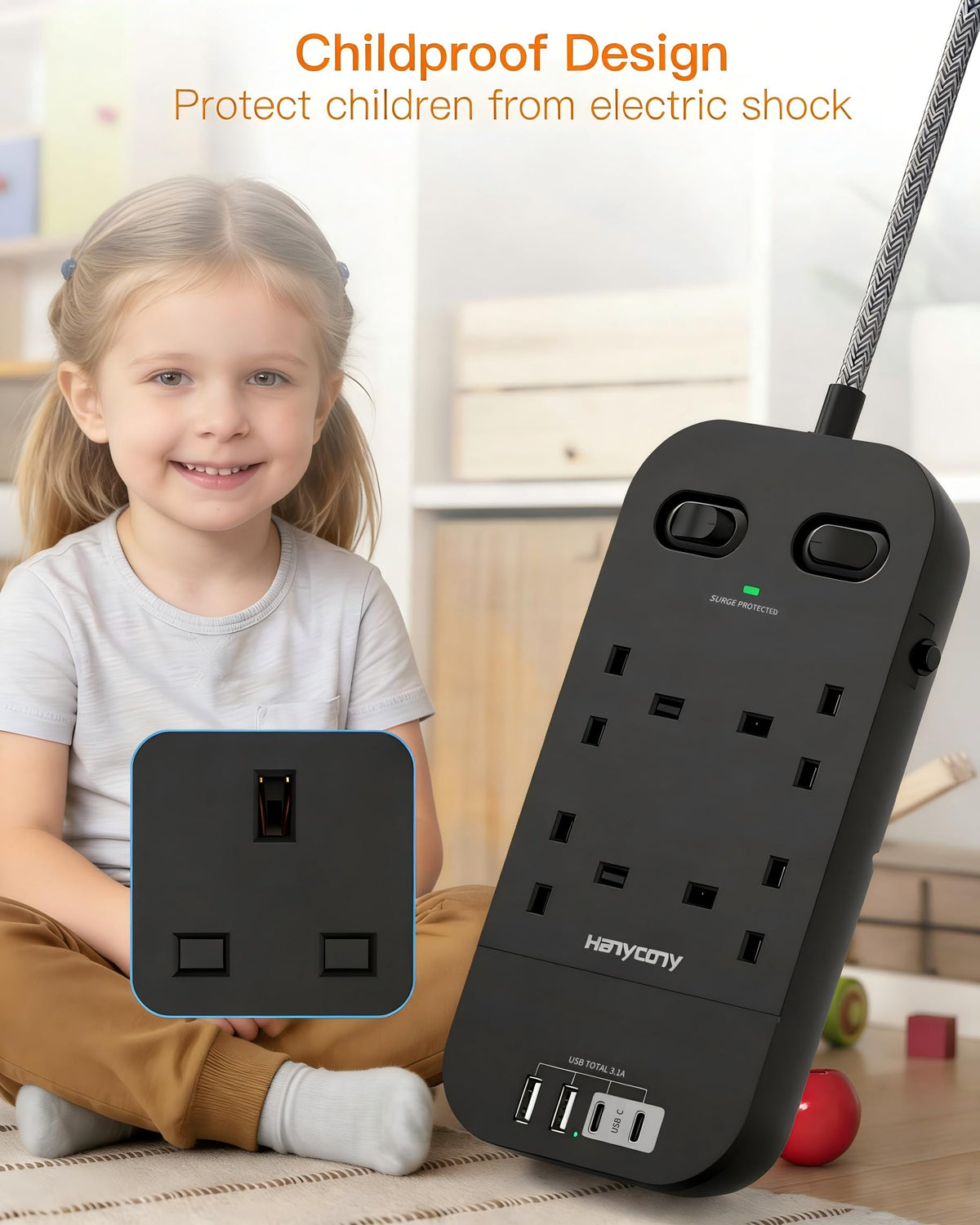 5M Extension Lead Surge Protected, 4 Way Outlets with 2 USB C & 2 USB A