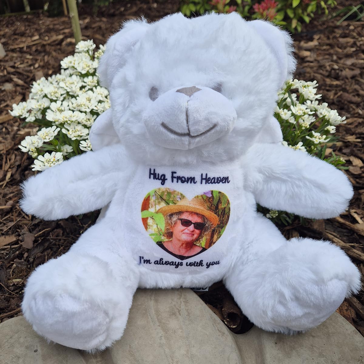 Personalised Memory Teddy Bear with Heart-Shaped Photo – “A Cuddle From Heaven” Keepsake Gift – 28 Bear Styles – Add Your Text & Choose Colour – Custom Memorial Bear (White Angel Teddy)