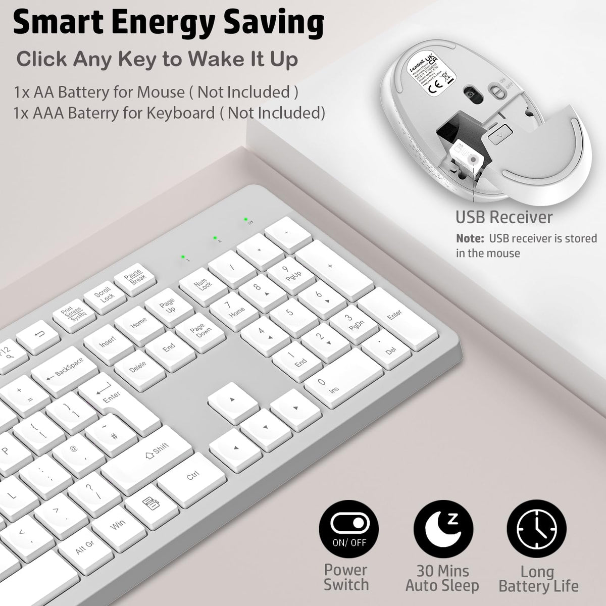 LeadsaiL Wireless Keyboard and Mouse Set, 2.4GHz USB Computer Keyboards and Mouse Combo, Full Size UK QWERTY Layout, Ergonomic Design with 12 Multimedia Shortcuts for HP/Lenovo Laptop and Mac-Purple