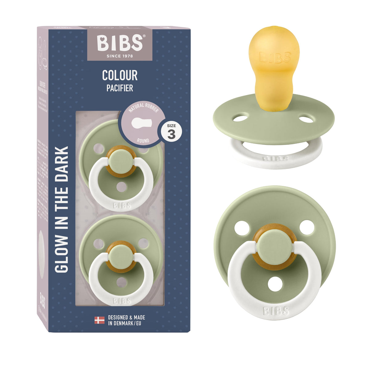 BIBS Colour Soother 2-Pack, BPA Free Dummy Pacifier, Round Nipple. Natural Rubber Latex, Made in Denmark, Size 2 (6-18 Months), Baby Blue