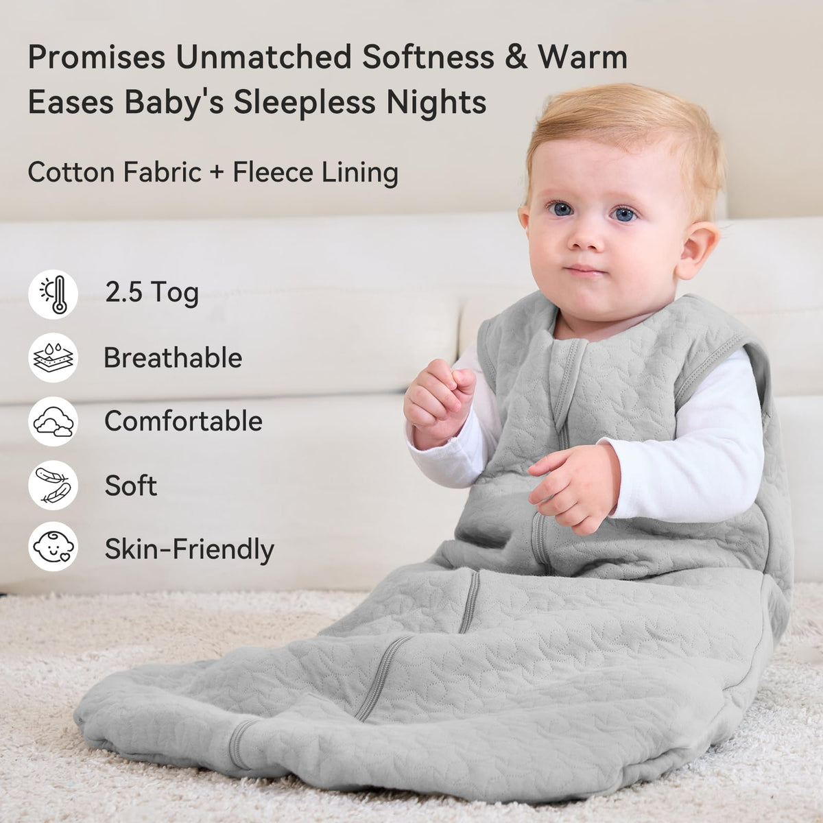Unnivoll Baby Sleeping Bag 2.5 Tog 0-6 Months 100% Cotton Winter Sleeping Bag Baby 2-Way Zipper Quilted Sleep Sack for Newbron Infant Warm Soft Apricot
