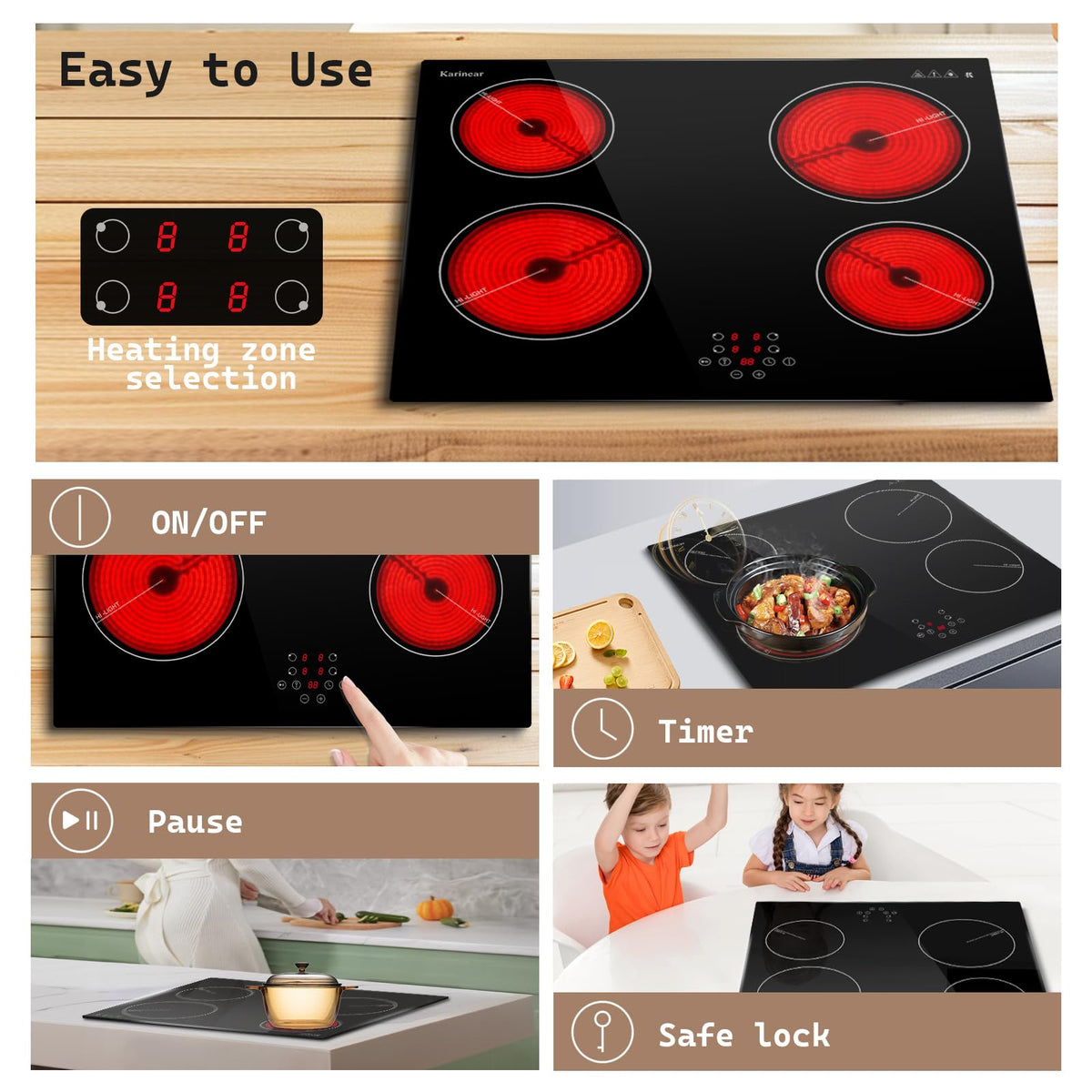 Karinear Electric Ceramic Hob 60cm 4 Zones with Built-in Extractor Hood