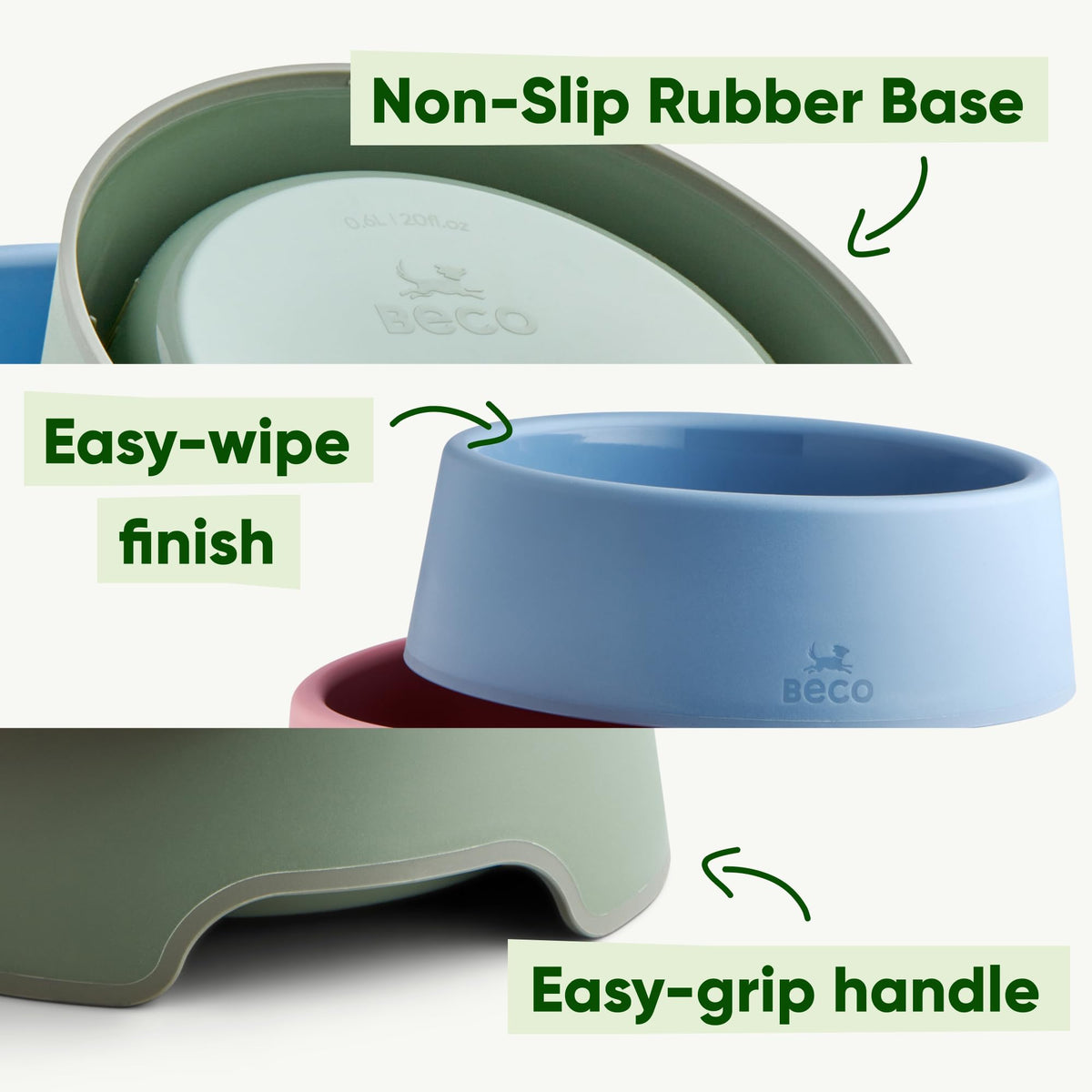 Beco Dog Bowl, Food & Water Steady Bowl, Recycled Plastic, Olive Green, L