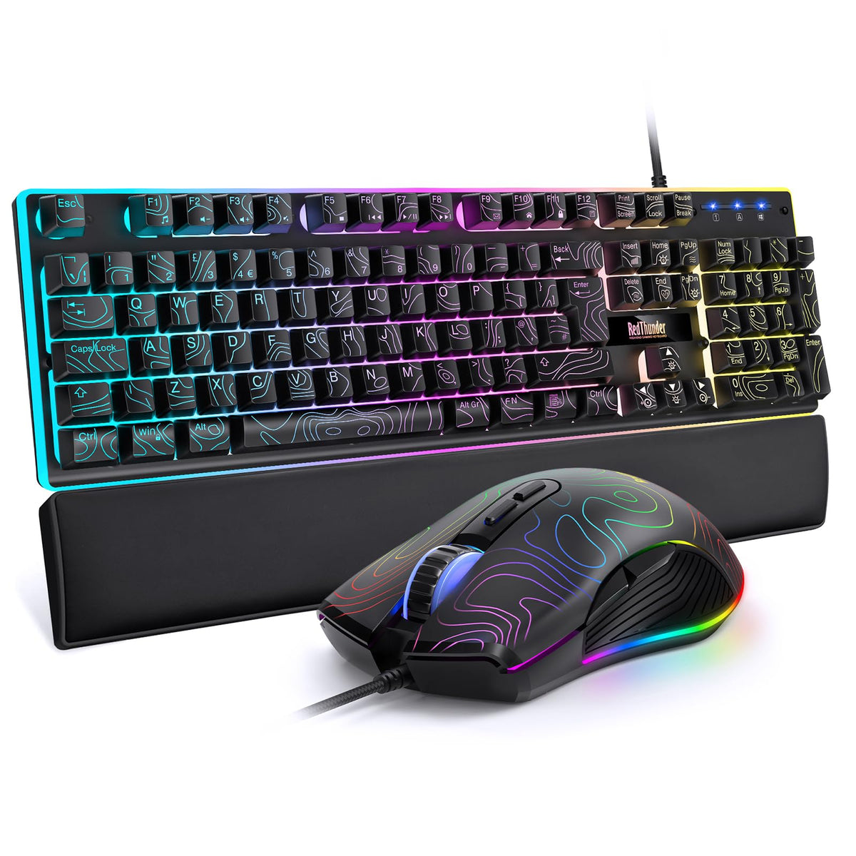 RedThunder K10 Wired Gaming Keyboard and Mouse Combo, UK Layout, True RGB Backlight, Soft Leather Wrist Rest, Ergonomic Anti-Ghosting Keyboard + 7D 7200 DPI Mouse for PC Mac (Gradient Gray)