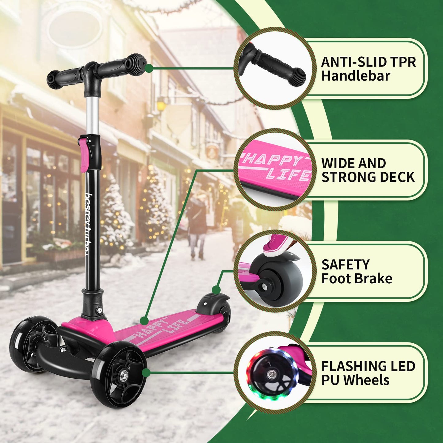 besrey 3-Wheel Toddler Scooter with Lean-to-Steer — Foldable, Anti-Slip Deck | Max 50 kg