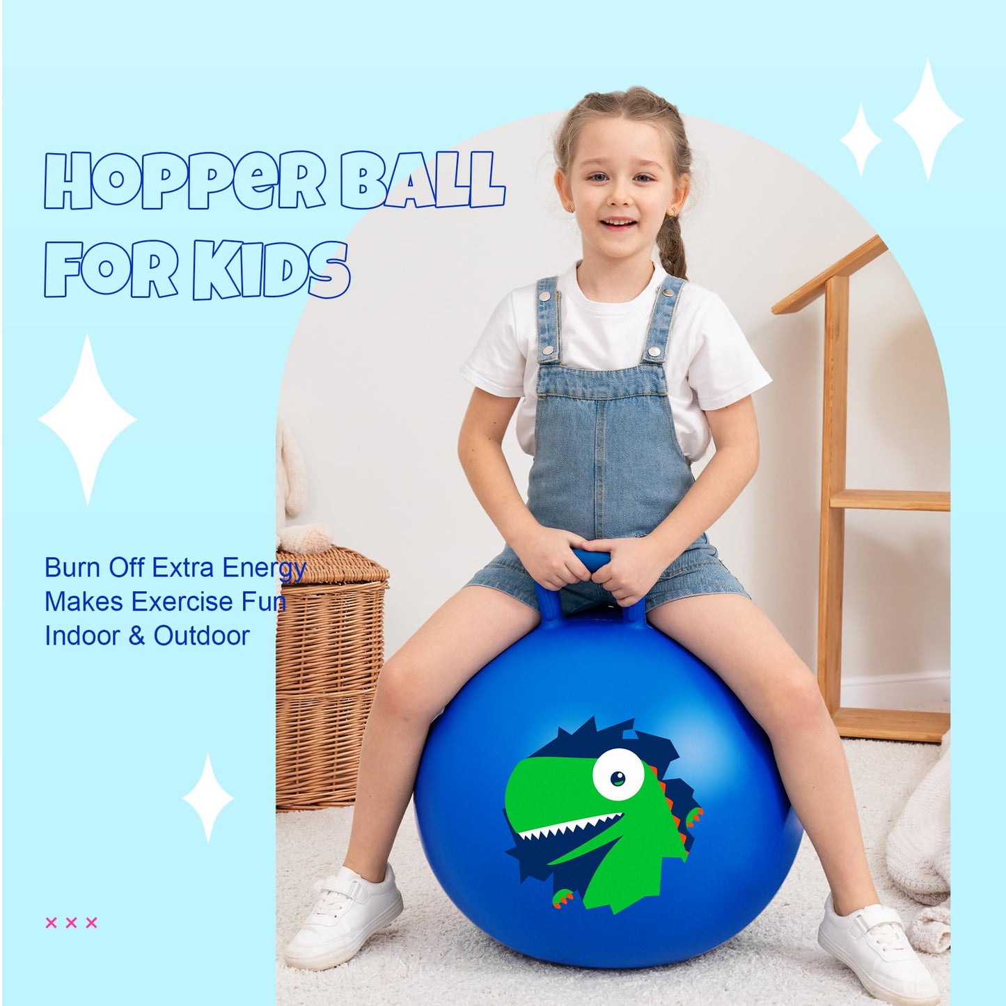 Vastoy 20 Inch Space Hopper Ball for Kids 6-9 Years - Anti-Slip Space Hopper with Hand Pump, Bouncy Inflatable Ride On Toy for Indoor Outdoor Fun, for Children (Blue Eyes)