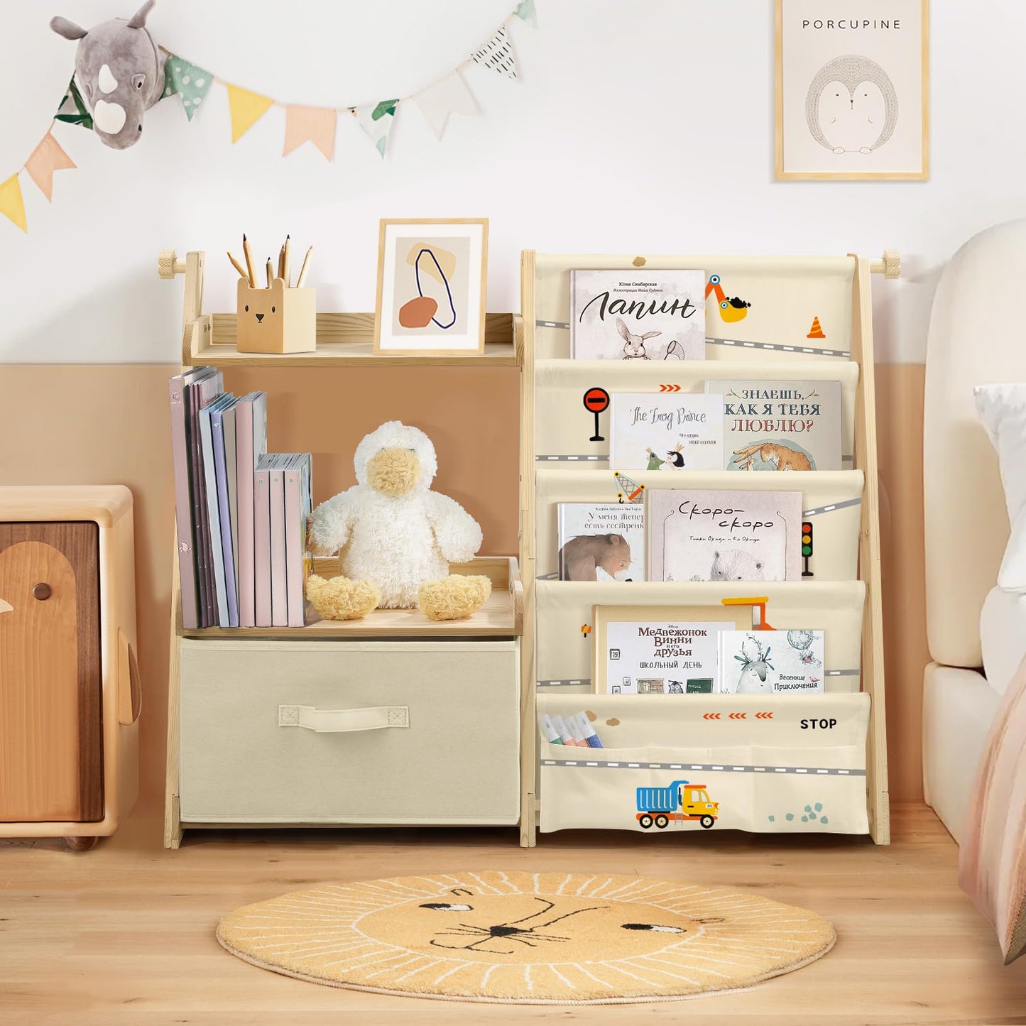 Kids Bookshelf and Toy Storage, Montessori Wooden Children Bookcase and Toy Organizer, 4-tier Toddler Sling Book Shelf with a Large Storage Box for Nursery, Bedroom, Playroom (Terrazzo)