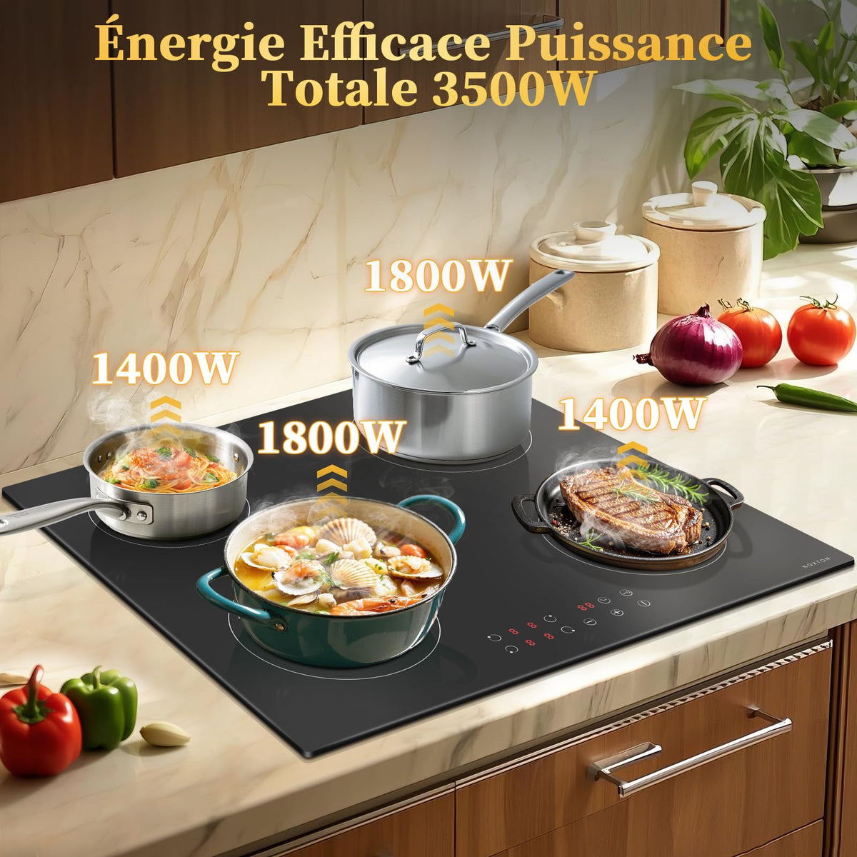 Noxton Plug in Induction Hob, 4 Zones Electric Hob 60cm, Touch Control with Child Safety Lock,UP to 99 Min Timer Black Crystal Glass