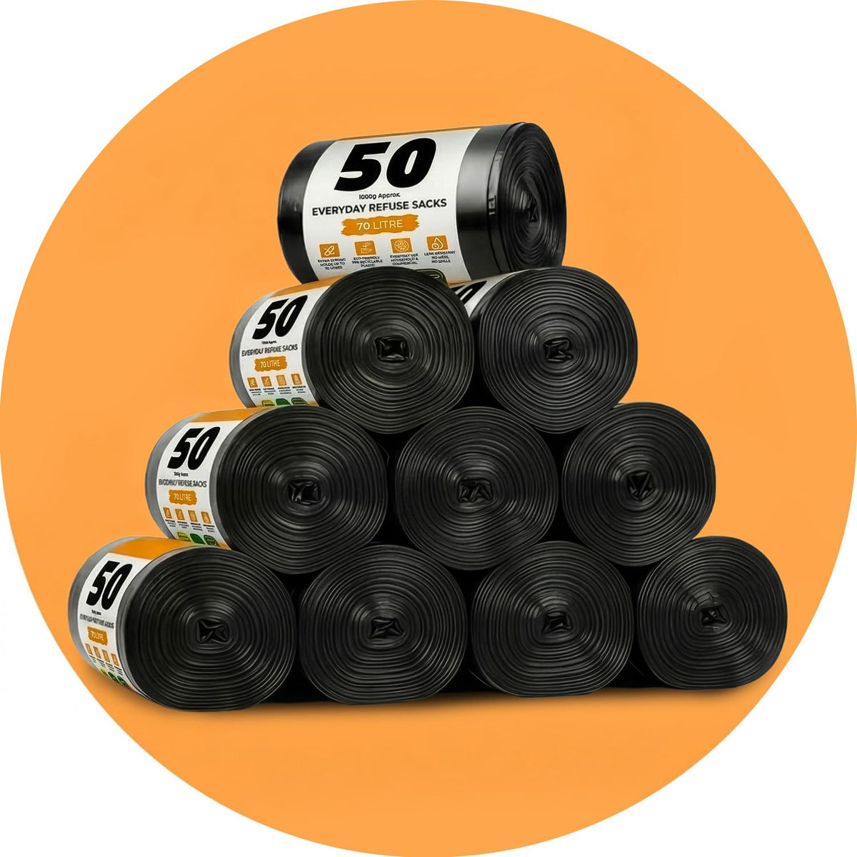 Roe Tenpo 100 Pack Heavy Duty Black Bin Bags – 100L, 33 μm Recyclable Refuse Sacks, Leak-Proof Bin Liners – Rubbish Bags for Kitchen, Home, DIY & Garden, Household, Office & Catering
