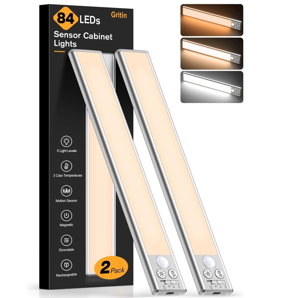 Gritin Under Cabinet Kitchen Lights Rechargeable 2 Pack-3 Color Temps