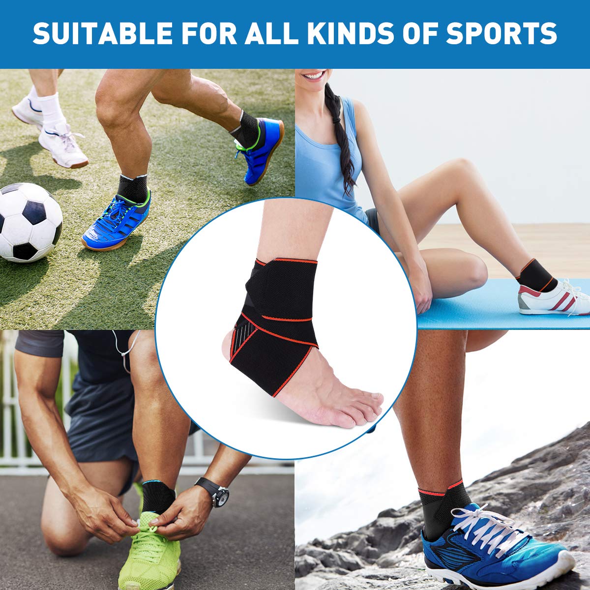 WASPO Ankle Support Brace - Adjustable Ankle Brace Wrap Strap for Sports Protect, Plantar Fasciitis, Achilles tendonitis, Ligament damage, Injury Recovery, One Size for Men Women 1 PC Blue