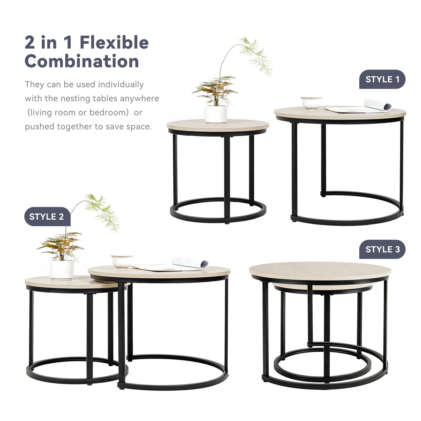 Hawthyhome Coffee Tables, Round Nesting Tables Tet of 2, Modern Side Tables with Metal Frame, Industrial Stacking End Tables for Living Room Bedroom Office, 60 * 60 * 45cm, Brown