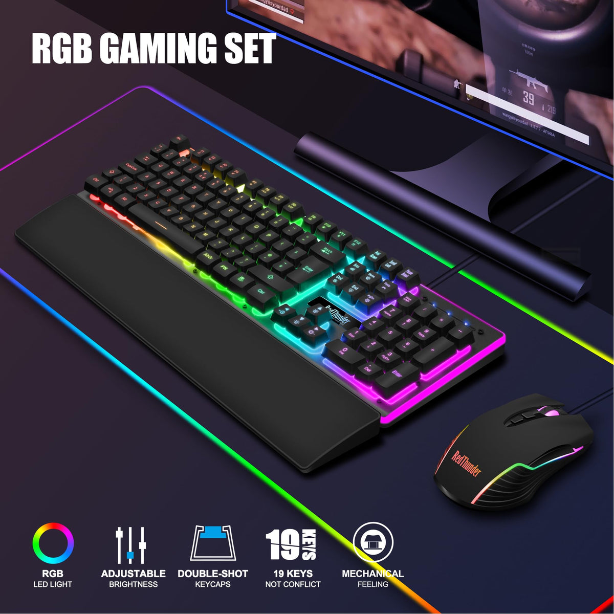 RedThunder K10 Wired Gaming Keyboard and Mouse Combo, UK Layout, True RGB Backlight, Soft Leather Wrist Rest, Ergonomic Anti-Ghosting Keyboard + 7D 7200 DPI Mouse for PC Mac (Gradient Gray)