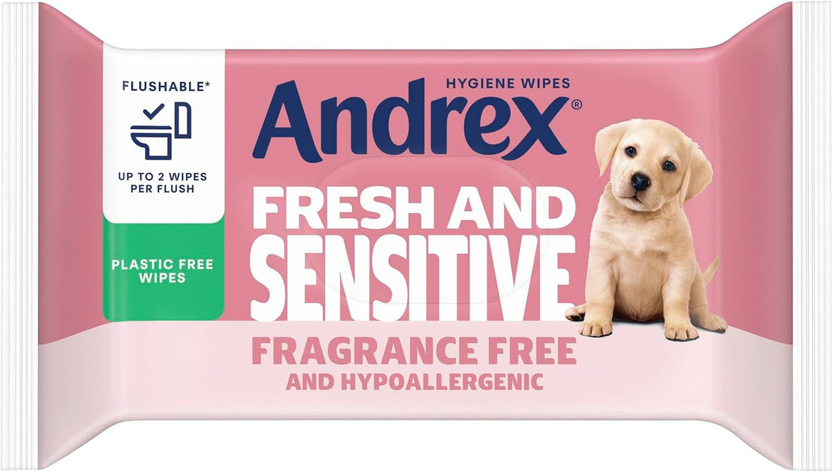 Andrex Fresh & Sensitive Hygiene Wipes, 12 Pack; Flushable Moist Toilet Tissue, Hypoallergenic and Fragrance Free Wet Wipes for Sensitive Skin (30 Sheets x 12 Packs ), FSC Certified