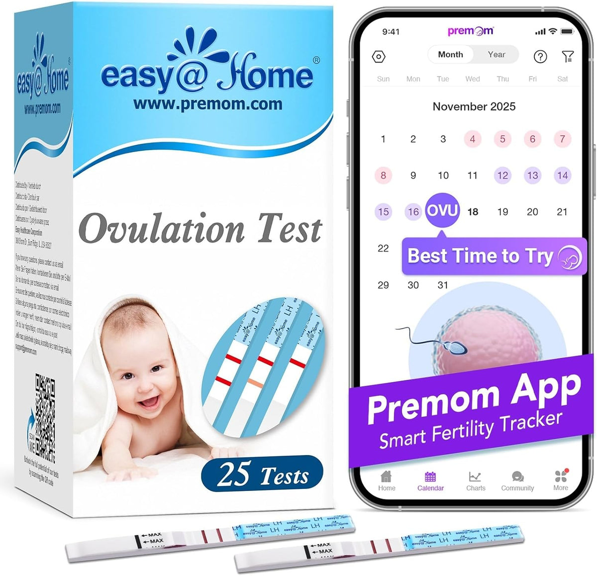 Easy@Home Ovulation Tests 25 Pack, LH Test Kit Powered by Premom App