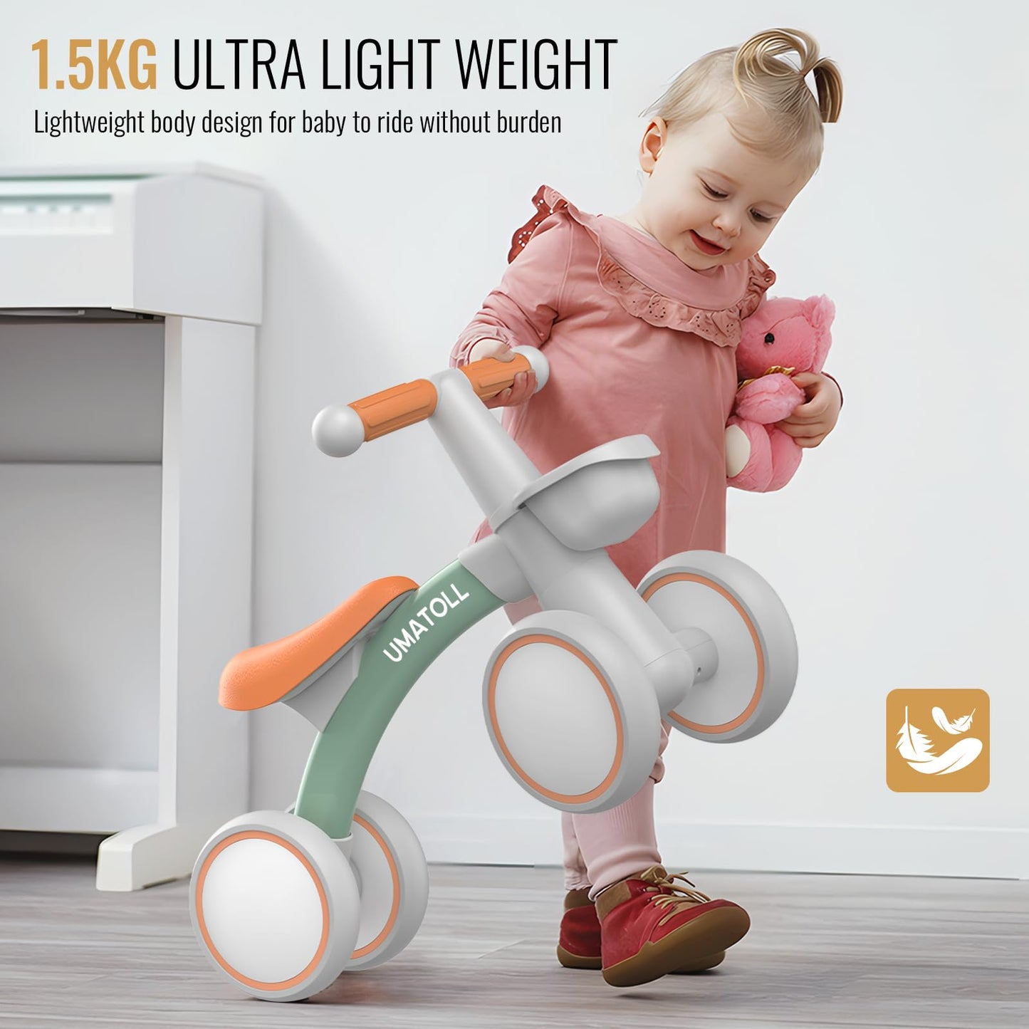 Umatoll Baby Balance Bike for 1 Year Old Boys Girls, 12-24 Months Toddler Balance Bike with Removable Basket, Adjustable Seat, 4 Wheels Infant Bike, First Birthday Gift