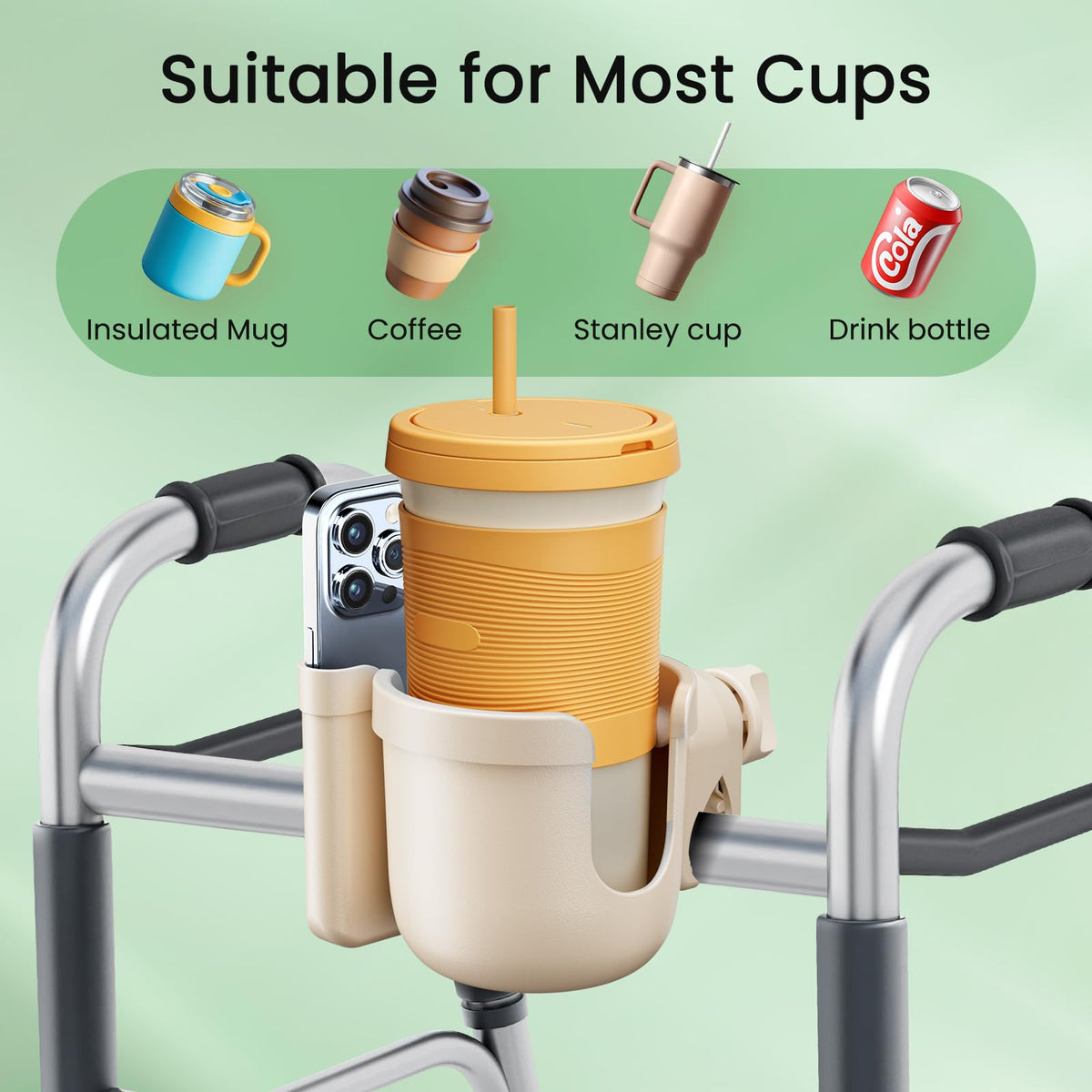 2-Pack Pram Cup Holder with Phone Holder, Universal Pram Buggy Accessories